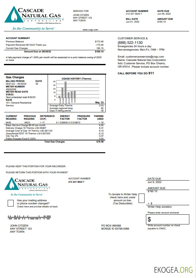 USA Cascade Natural Gas utility bill, Word and PDF template